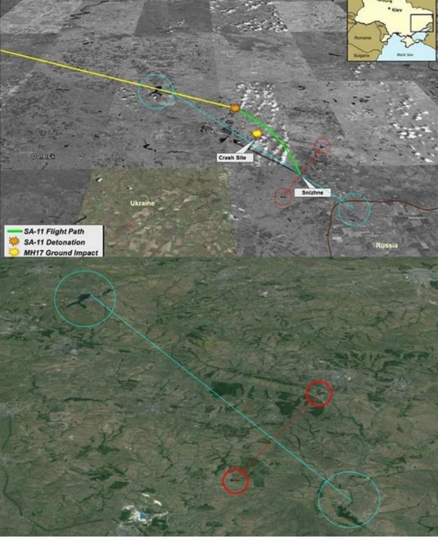 Identification of the origin point of the SBIRS data (top) with Google Earth (bottom)