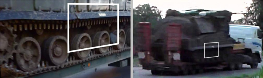 White mark on Buk 3x2 in Russia in June 2014 (left) and the white mark on the Buk filmed in Luhansk, Ukraine on July 18 2014