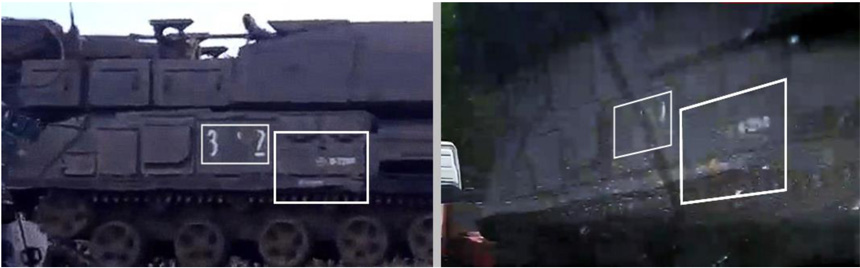 Markings on Buk 3x2 filmed in Russia in June 2014 (left) and markings from the Buk in the Donetsk Paris Match photographs (right)