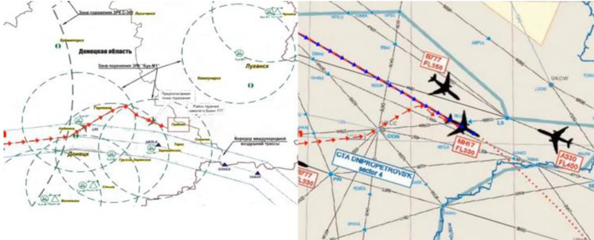 Russian Defence Ministry flight path (left), actual flight path (in blue, right)