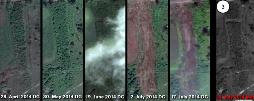 Comparison of missing vegetation on different dates to Russian Defence Ministry satellite imagery