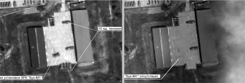 Sections of Russian Defence Ministry satellite imagery showing the position of a Buk missile launcher on July 14 2014 and July 17 2014