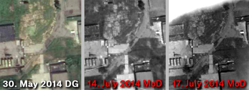 Comparison of May 30 2014 Digital Globe imagery and Russian Defence Ministry satellite imagery dated July 14 and 17 2014