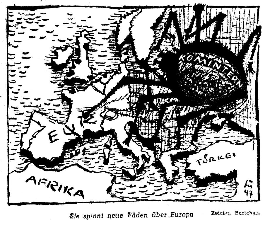 Cartoon on the dangers of Soviet expansionism in Europe.