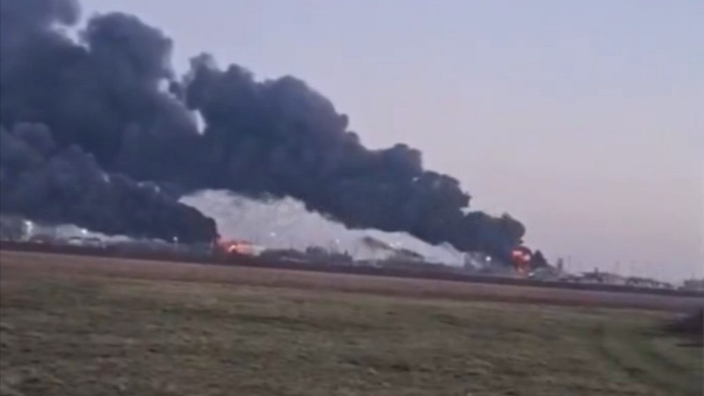 Fire at an oil depot in Tikhoretsk, Russia.