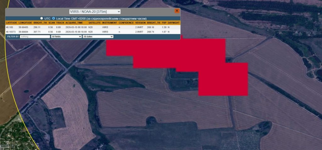 The object is located at coordinates 48.101990, 39.670564. The powerful fire is confirmed by data from the NASA FIRMS service.