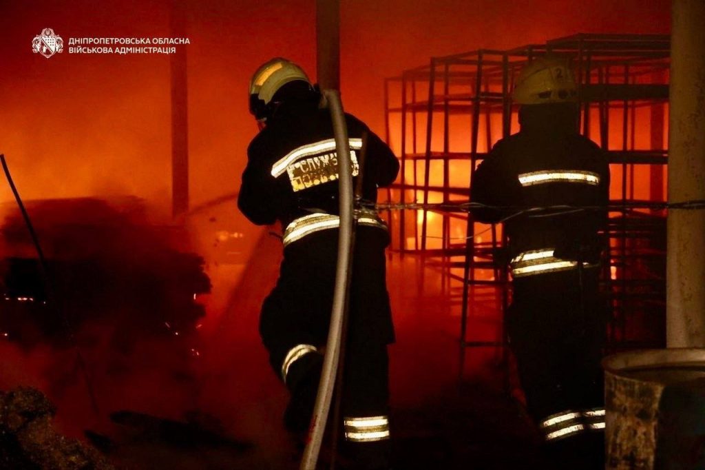 Firefighters battle flames in Dnipro after a ballistic strike