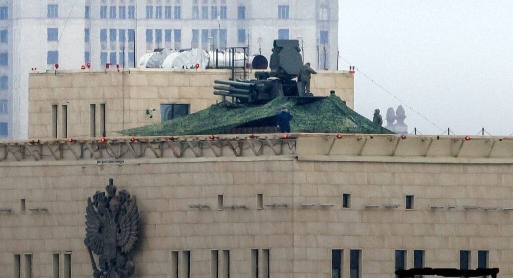 Pantsir System on a Rooftop Russian Pantsir-S1 air defense system mounted on the roof of a building in Moscow