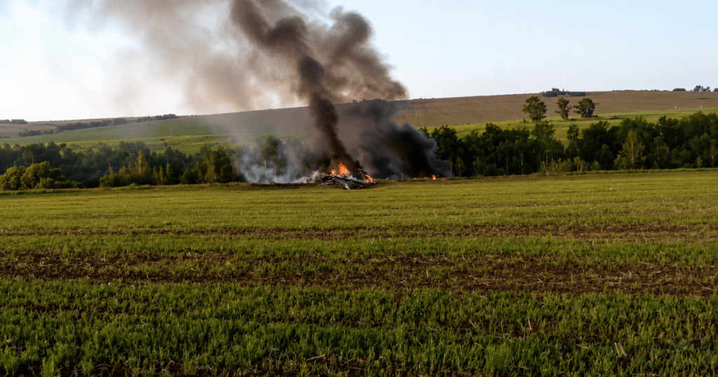 Wreckage of the Tu-22M3 Bomber Smoke rising from the burning fuselage and wreckage of the Tu-22M3 strategic bomber after a crash in the Irkutsk region