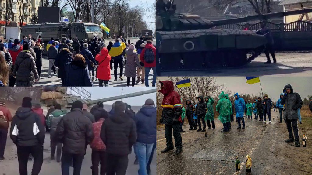 Civilian resistance in Ukraine 2022 Unarmed Ukrainian civilians blocking Russian military vehicles
